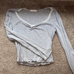 Lush Heather Gray Long Sleeve Top with Lace Accents